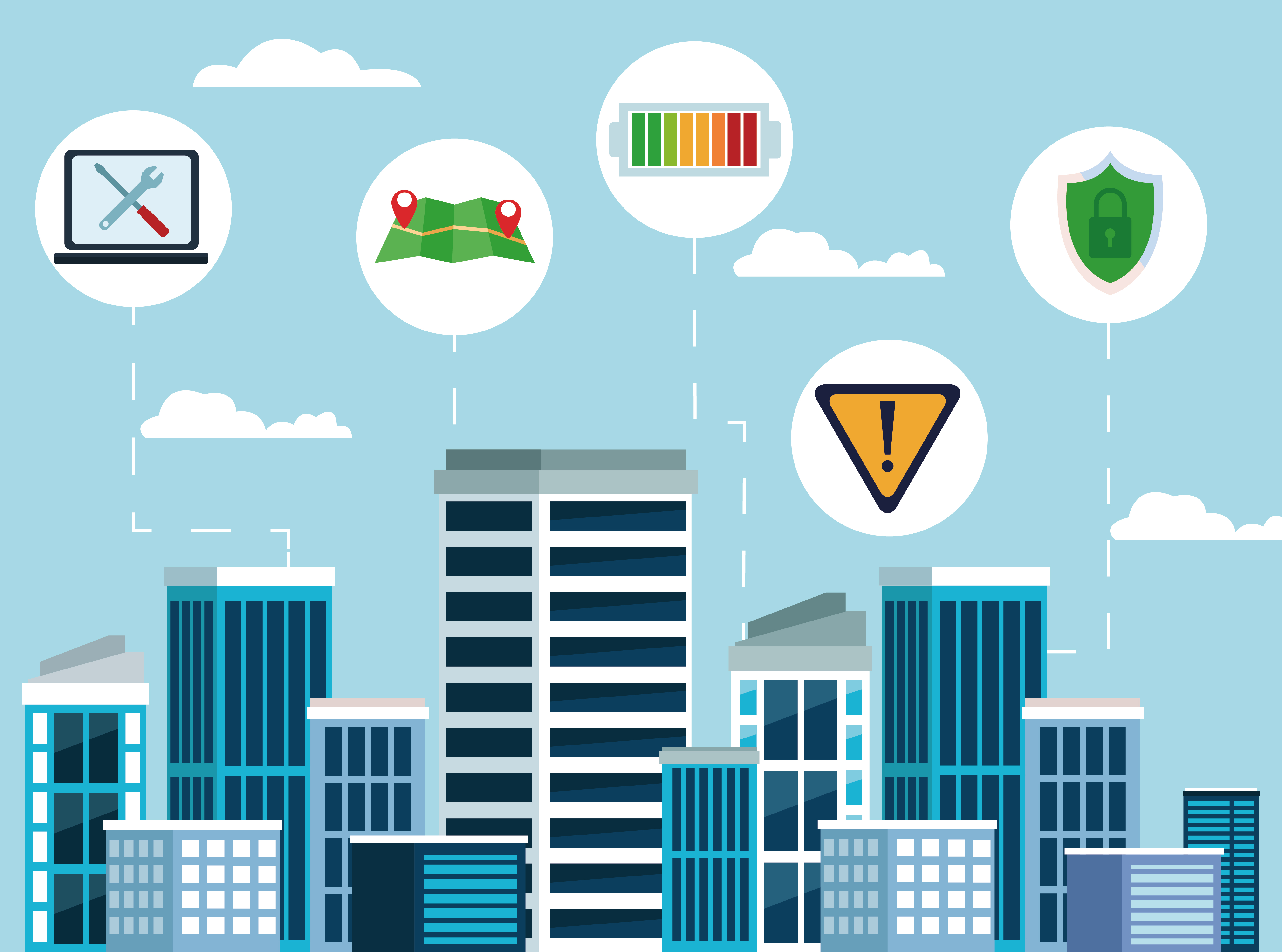 city internet connectivity with technology icons with computer, battery, maps and shield protection in cityscape with skyscrappe cartoon vector illustration graphic design