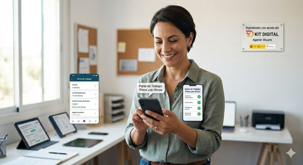 Empresaria utilizando una app para empresa financiada con la ayuda del Kit Digital. Digitalización de empresas.